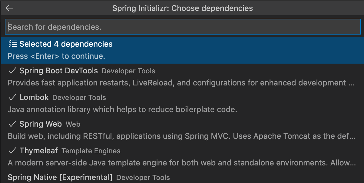 Spring Boot スターターパッケージを選択する