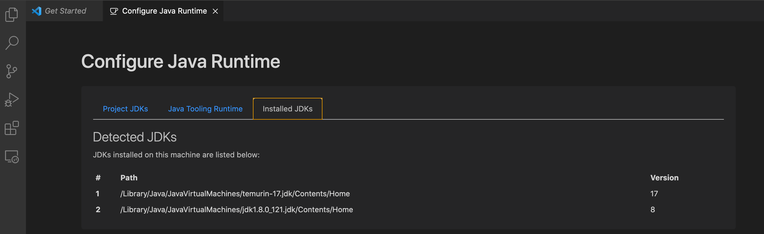 Installed JDKsを確認する